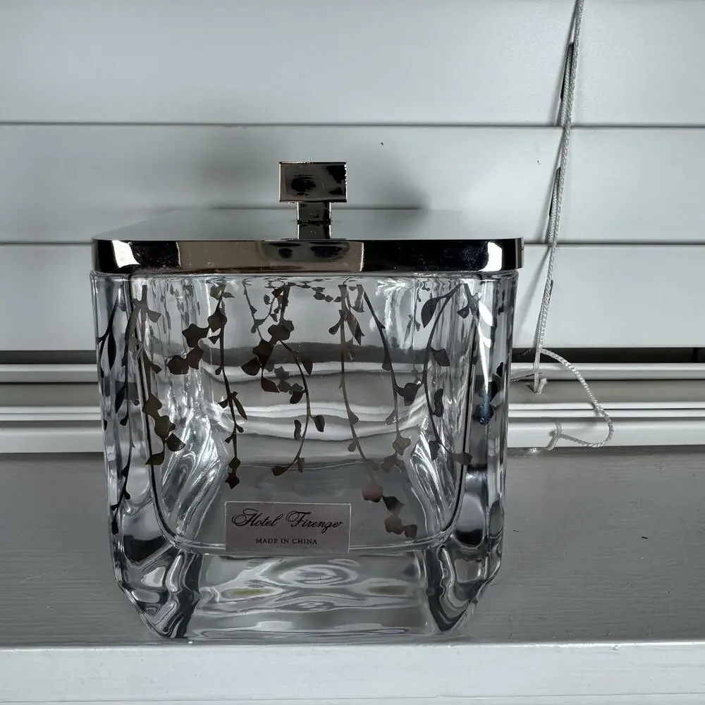 Hotel Firenze Heavy Glass Vanity Jar, Silver Floral Design Qtip Cotton Ball